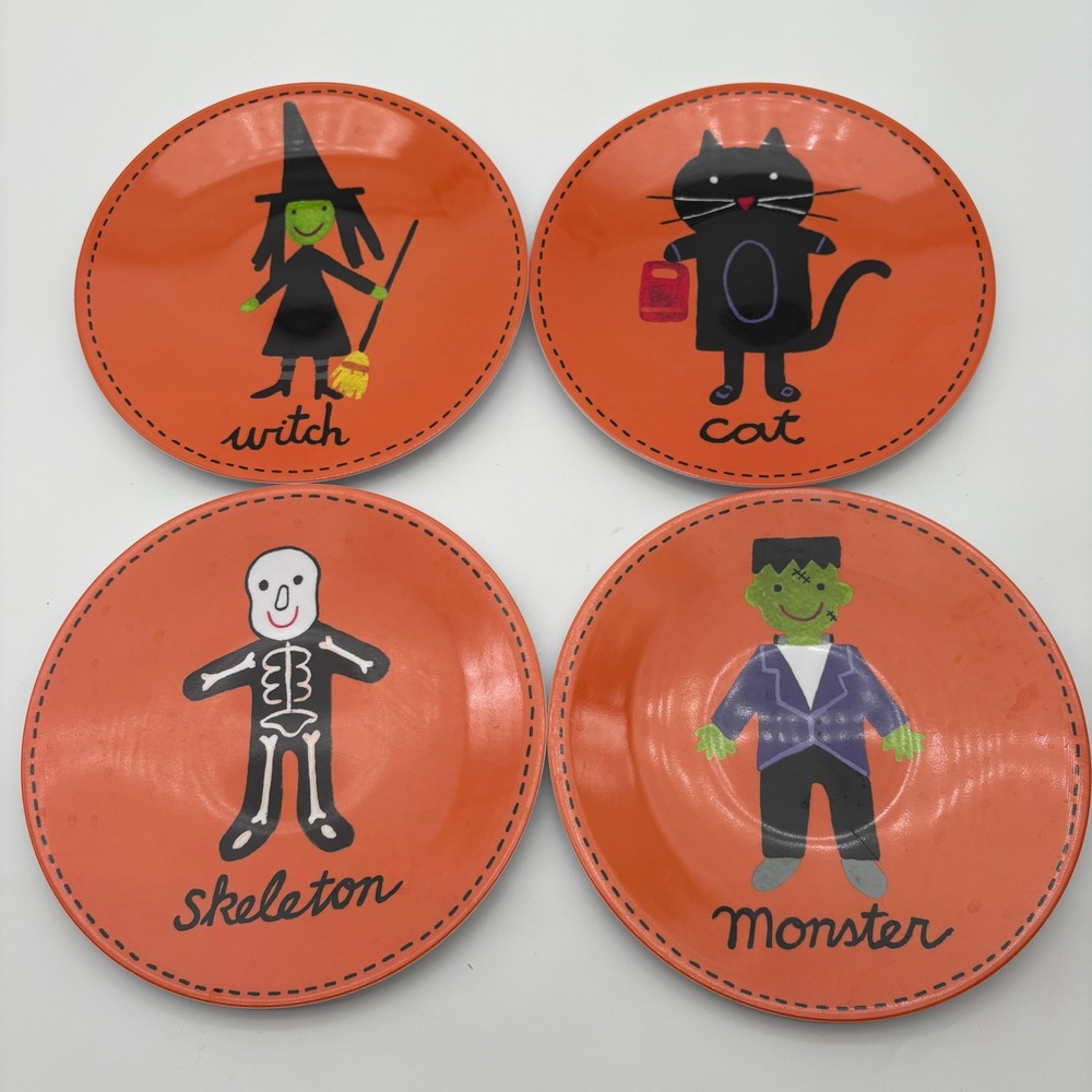 Pottery Barn Kids Halloween Dish Set of 4 Melamine Plates Cat Skeleton Witch New